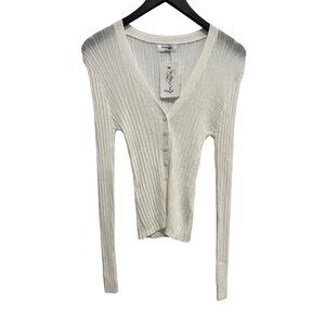 The Workshop Cardigan Sweater Size Large Ribbed Button Up Sheer Knit White NEW